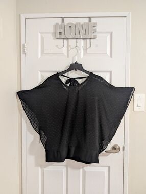 Alison Sheri Black Swiss Dot Cape Top 2-in-1 Layered Blouse Tie Back Boho Chic L